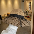 Detail of hand-woven straw hat featuring black polka dot mesh veil and ribbon bow - L (58-60cm) / Mesh Veil Polka Dot Khaki