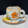 Hand-painted ceramic coffee cup and saucer set with colorful tulip patterns and wavy edge - 250ML / Flower