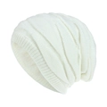 Winter white knit beanie hat with thermal fleece lining and rhombus texture - Diamond-patterned Fleece-lined Beanie - White / One Size