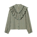Damen Vintage Karo-Hemd in Grün mit Rüschenbesatz und langen Ärmeln auf Weiß - XS / Grünes Karo