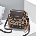 Brown checkerboard mini crossbody phone bag with cat print and scarf chain handle - Coffee