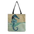 Canvas tote bag with blue seahorse print and black straps on white background - Deep Blue Seahorse and Nautical Background Pattern (hm4542b)