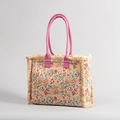 Bohemian canvas tote bag featuring colorful floral prints and pink rope handles with tassels - Colorful Floral
