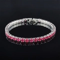 Close-up of tennis bracelet with pink round-cut cubic zirconia in silver four-claw setting - 4mm-17cm / Red Zirconia