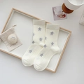 White cotton mid-calf socks with grey star pattern on a wooden tray with decor - Pentagram / White