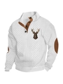 Jersey blanco de punto para hombre con estampado de ciervo, cuello con botones y coderas - S / Tops / Blanco (Patrón de Ciervo 1)