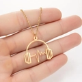 Close-up of gold headphone pendant with heartbeat design on a stainless steel chain - Golden Headphones