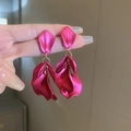 Close-up of vibrant rose red layered petal earrings with golden rings on hands - Petal Style (13#) / Rose Red