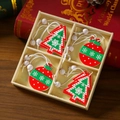 Detailed view of red and green wooden Christmas ornaments in a 4-compartment gift box - Style 9 (12 Pieces)