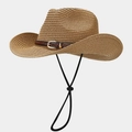 Close-up of hand-woven straw cowboy hat with brown leather strap and gold buckle detail - Khaki