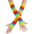 Rainbow striped knitted arm warmers with thumb holes and vibrant colorful fingerless design - Fingerless Gloves Yellow Trim / Rainbow Striped Yellow Trim