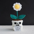 Handmade crochet skull potted plant doll with white flowers and emotional support card - Halloween Little Daisy