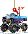Blue monster truck Christmas tree ornament with festive lights and snowy details - Blue Monster Truck