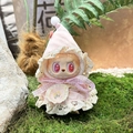 Pink lace fairy dress and pointed hat for Labubu plush doll in a forest setting - Light Pink Fairy Set / First And Second Generation Keychains Are Compatible With La Cloth Dolls. Dolls Not Included.