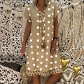 Polka dot short sleeve V-neck midi dress in beige with white hollow lace hem for women - S / Khaki