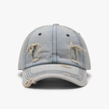 Cappellino da baseball in denim lavato azzurro con fori strappati stile vintage - Blu grigio