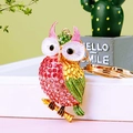 Golden owl keychain with colorful pink and green crystals and enamel wing detail - A430 Owl Q Pink