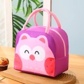 Pink cartoon owl insulated lunch bag with durable handles for kids and office use - Purple Owl