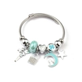Silver charm bracelet with blue enamel moon cat and Be my Valentine heart charms - Cat Moon Fairy (C2-011) / Blue
