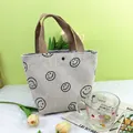Détail du sac cabas en velours côtelé crème avec imprimés smiley et anses en tissu brun - Beige Smiley