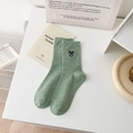 Green speckled cotton crew socks with dark blue heart embroidery and soft texture - One Size / Green