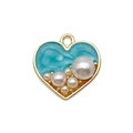 Golden heart pendant charm with turquoise enamel and embedded pearls for jewelry - Lake Blue Heart Pearl Pendant (19008) / 1 Piece/Pack (18x18mm)