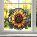 Sunflower mandala acrylic window pendant with yellow petals and blue accents on silver chain - Style 7