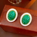 Vintage gold-rimmed earrings with green faux gems and white enamel borders - 925 Silver Earring Post / Green Pumpkin Texture
