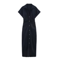 Dunkelblaues Leinen-Midikleid mit Reverskragen und durchgehender Knopfleiste vorne - XS / Schwarz