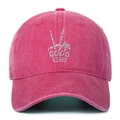 Detailed white embroidery of skeletal peace sign and Good Vibes text on a washed red cap - One Size / Rose Red