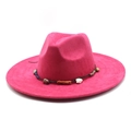 Detail of fuchsia fedora hat with bohemian stone-beaded cord and suede texture - M (56-59cm) / Rose Red
