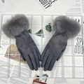 Elegant gray suede winter gloves for women with cozy faux fur trim and warm plush lining - One Size / Dark Gray