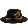 Chapeau fedora en laine noire avec broderie serpent dorée et large bord plat - M (56-58cm) / Style de Motif de Serpent Doré Peint à la Main (JX-3311-5) / Noir