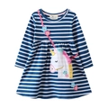 Blau-weiß gestreiftes Langarmkleid für Mädchen mit Einhorn-Stickerei und gelben Quasten - 3T (Höhe 90-95cm) / Einhorn Gestreifter Stil (7416)
