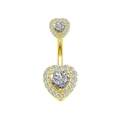 Classic gold double heart belly button ring with sparkling white cubic zirconia stones - Style 30-Gold Pavé Double Heart