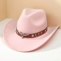 Pink wool felt cowboy hat featuring a brown leather band and silver bull head ornament - M (56-58cm) / Pink (Khaki Bull Head Band)