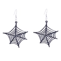 Close-up of black spider web earrings with intricate cutout details for Halloween - Spider Web