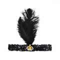 Black sequin 1920s headband with crown ornament, yellow gemstone, and large feather - Feather Sequin - Crown Gold