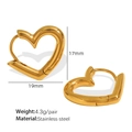 Minimalist golden heart-shaped stainless steel hoop earrings measuring 17mm by 19mm - Gold