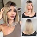 Trois vues d'une perruque bob mi-longue blond ombré avec frange sur le côté - Ombré Gris Palmier (16 Pouces)