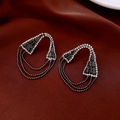 Vintage floral silver earrings with black crystal tassels on dark red silk background - 54# Silver Earring Post - Black - Geometry - Black Gem Style Beaded Tassel