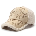 Beige faux fur baseball cap with rhinestone bow accents and suede patchwork design - Adjustable / Light Beige