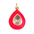 Water drop jewelry pendant with red enamel, gold metal frame and clear pear-cut stone - Waterdrop Rose Red