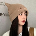Cozy knit beanie for women with cute cat ears and minimal cartoon embroidery detail - Khaki Bear Ear Style