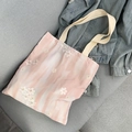 Borsa tote in tela rosa con ricami floreali bianchi e manici color crema su giacca - Stile a spalla / Ricamo Rosa Pittura a Inchiostro