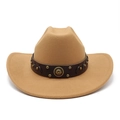 Classic camel wool felt western cowboy hat with wide brim and leather riveted band - M (56-58cm) / Camel