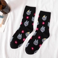 Calcetines japoneses de algodón negro con lindo patrón de gato gris y flores rojas - Talla única / Cabeza de Gato Flor / Negro