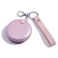 Miroir de poche rond en cuir rose avec dragonne et anneau de porte-clés métallique - Grand (7.3cm) / Or Rose