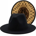 Cappello fedora nero in lana con fodera a motivi vintage e tesa larga alla moda - M (56-58cm) / Nero