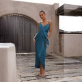Close-up of dark teal satin wrap dress featuring thin straps and waist knot detail - S / Navy Blue